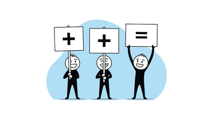 Fototapeta premium Three happy stick figures hold signs with plus and equals symbols, illustrating a basic mathematical equation.