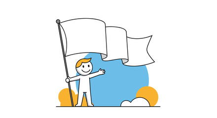 Smiling stick figure character holding a blank white flag, standing against an abstract blue and orange background, ready for a new message or beginning.