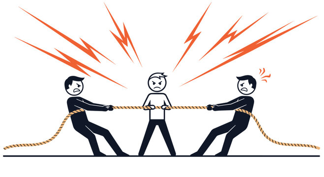 A stressed individual is caught in the middle of a symbolic tug-of-war, representing conflict, pressure, and being pulled in opposing directions.