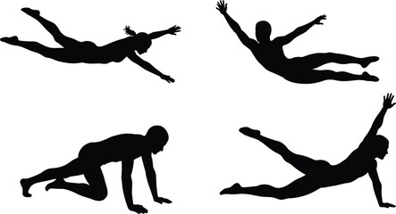 Silhouette of people exercising on floor, fitness and workout poses, body stretching and yoga movement, healthy lifestyle vector illustration