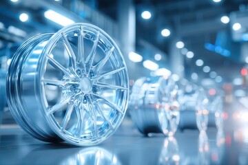 Modern automotive alloy wheel rim in a high-tech manufacturing facility setting.
