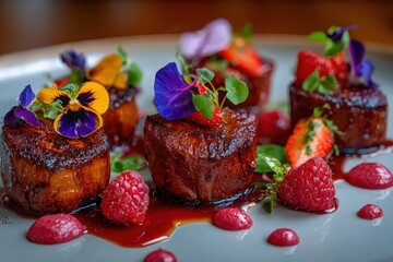 Gourmet Pan-Seared Protein with Rich Glaze, Fresh Berries, and Edible Flowers.