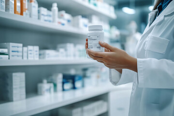 Fototapeta premium Close-up of a pharmacist holding a prescription bottle in a clean, well-lit pharmacy.