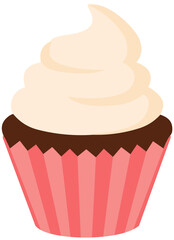 A charming chocolate cupcake with creamy frosting in a pink striped wrapper.