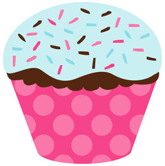 Vibrant cartoon cupcake with pink polka dot wrapper and colorful sprinkles.