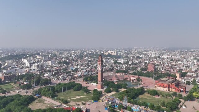Aerial shot of clock tower in Husainabad, Lucknow, Uttar Pradesh, India