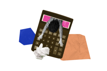 Contemporary poster trend art collage of anonym girl peel calculator tool business accountant buttons count numbers money