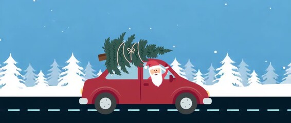 santa drive with red car and christmas tree in snowy winter landscape illustrated animation - Powered by Adobe