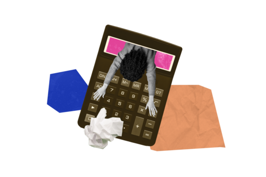 Contemporary poster trend art collage of anonym girl peel calculator tool business accountant buttons count numbers money