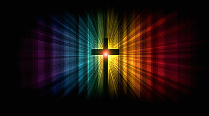 A radiant cross amidst vibrant colors symbolizes hope and faith, shining brightly against the darkness, with rays of light and spiritual depth.