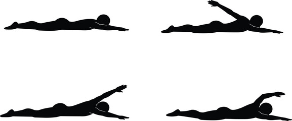Silhouette of swimmer in motion, freestyle swimming poses, water sport activity, fitness training concept, aquatic exercise illustration, athlete vector design