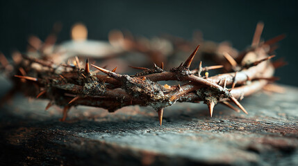 Close-up of a thorny crown, set against a blurred background, capturing texture and detail. Symbolic of suffering and sacrifice.