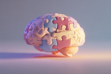 A vibrant and colorful puzzle piece designed in the shape of a brain, symbolizing mental health awareness and the complexity of the human mind.