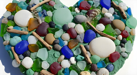 Heart shaped mosaic art crafted from colorful sea glass pebbles and driftwood fragments