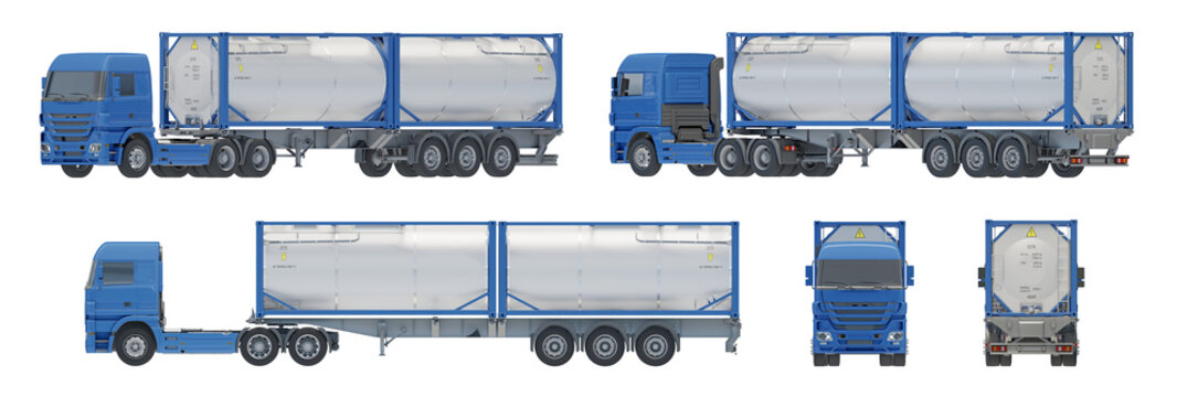 Blue tractor hauling dual chemical tank containers. Set of views, isolated on a transparent background. 3D illustration