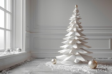 Minimalist white Christmas tree made of layered paper with ornaments in elegant interior surrounded by snow and soft natural light Generative AI