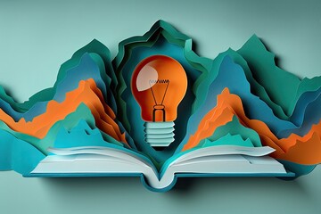 Open book with layered paper mountains and orange light bulb symbolizing adventure, discovery, and knowledge through learning Generative AI