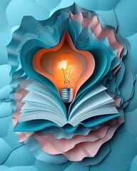 Open book with glowing orange light bulb and layered paper cutout design symbolizing creative inspiration and knowledge Generative AI