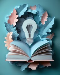 Open book with pastel pages surrounded by paper leaves and light bulb symbolizing knowledge, growth, and creativity Generative AI
