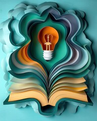 Open book with yellow pages and orange light bulb in layered paper cutout design symbolizing learning, insight, and imagination Generative AI