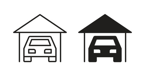 Car garage icon illustrations collection. editable stroke outline and flat style