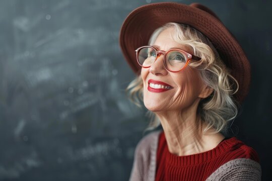 Portrait of a cheerful senior teacher wearing a hat and glasses, smiling and looking up in front of a blackboard