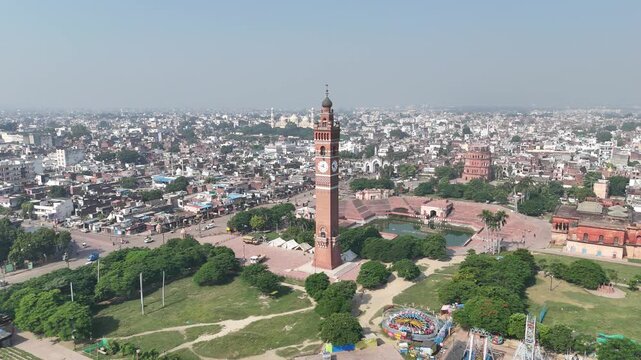 Aerial shot of clock tower in Husainabad, Lucknow, Uttar Pradesh, India