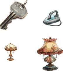 set illutration of old antique keys And an old-fashioned table lamp