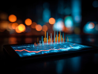 Digital financial data visualization on a smartphone display with glowing bar charts and graphs in a city at night