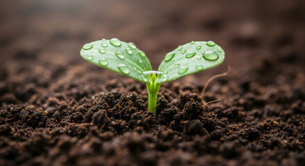 Small green sprout growing in dark soil with water drops. New life and growth concept symbolizing fresh start and spring.