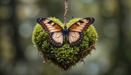 Butterfly on a green moss heart, close-up, blurred green natural background