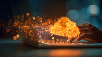 A hand interacting with a fiery explosion effect emerging from a laptop keyboard, creating a dramatic and visually striking digital art scene with vibrant orange and yellow tones