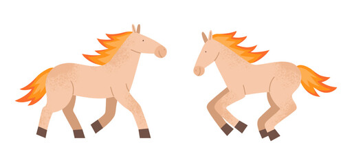 Chinese calendar New Year symbol. Vector cute cartoon running horses illustration on white background. Happy New Year greeting card, banner template. 2026 Year of the Fire Horse.  