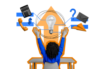 Composite artwork collage of office manager multitask young lady work hand up idea bulb question money sms gear calculator phone success