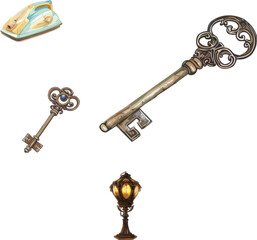 set of old keys in vectors illutration, set of household appliances in color style 