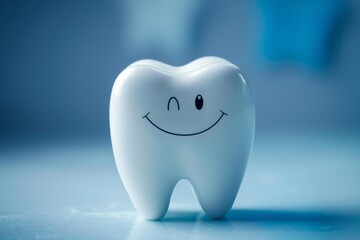 White healthy tooth winking and smiling representing good dental health and hygiene