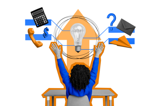 Composite artwork collage of office manager multitask young lady work hand up idea bulb question money sms gear calculator phone success