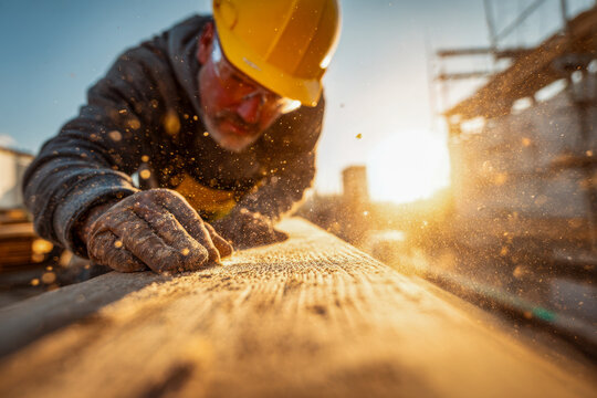 Skilled construction worker wearing protective gear smoothing wooden plank with focus on precise craftsmanship during golden hour outdoors