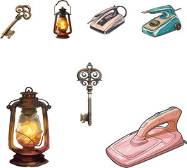 Set of household appliances in color style, set of ancient lamps and ancient house keys 