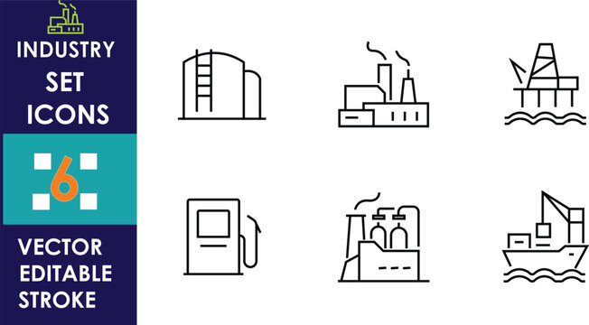 A collection of six industrial vector icons including factory, refinery, oil rig, fuel pump, and cargo ship, designed with clean editable stroke lines