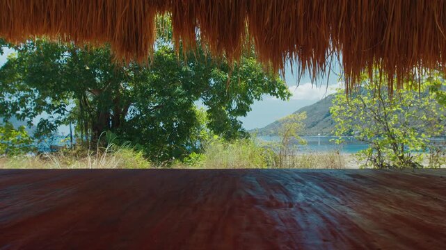 Camera slowly glides inside the bamboo bungalow with straw roof and green trees on the background