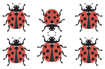 Symmetrical arrangement of six vibrant red ladybug vector illustrations featuring black spots, perfect for ecological themes