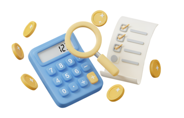 3d illustration of calculator with magnifying glass and checklist isolated on transparent background