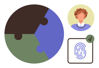 Puzzle-shaped globe, fingerprint with confirmation check, user avatar portrait. Ideal for security, authentication, digital identity, privacy, biometrics global connection technology. Simple flat