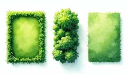 Three green nature elements on white. Rectangle with plant border, dense foliage column, watercolor green gradient shape with small leaves. Ideal for eco-friendly projects, landscape architecture,