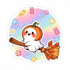 Cute Halloween Ghost Riding a Broomstick with Candy and Stars, a Whimsical and Festive Illustration