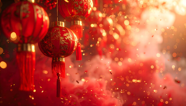 chinese new year decoration with lanterns, red background with copyspace - Powered by Adobe