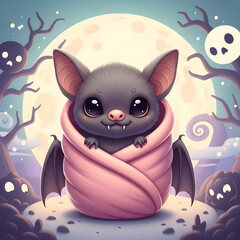 Adorable baby bat swaddled in a pink blanket under a full moon in a spooky Halloween forest scene