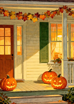 Warm Halloween porch scene with glowing jack-o&rsquo;-lanterns, autumn leaves, and soft evening light from inside the house.