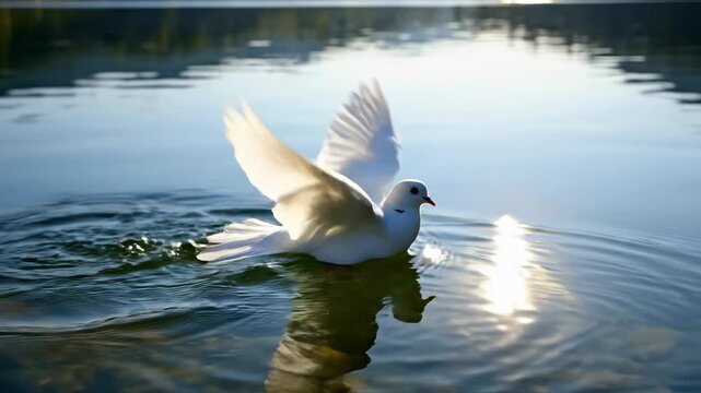 graceful white dove landing on calm reflective water